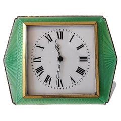 Antique Art Deco silver & green guilloche enamel strut clock