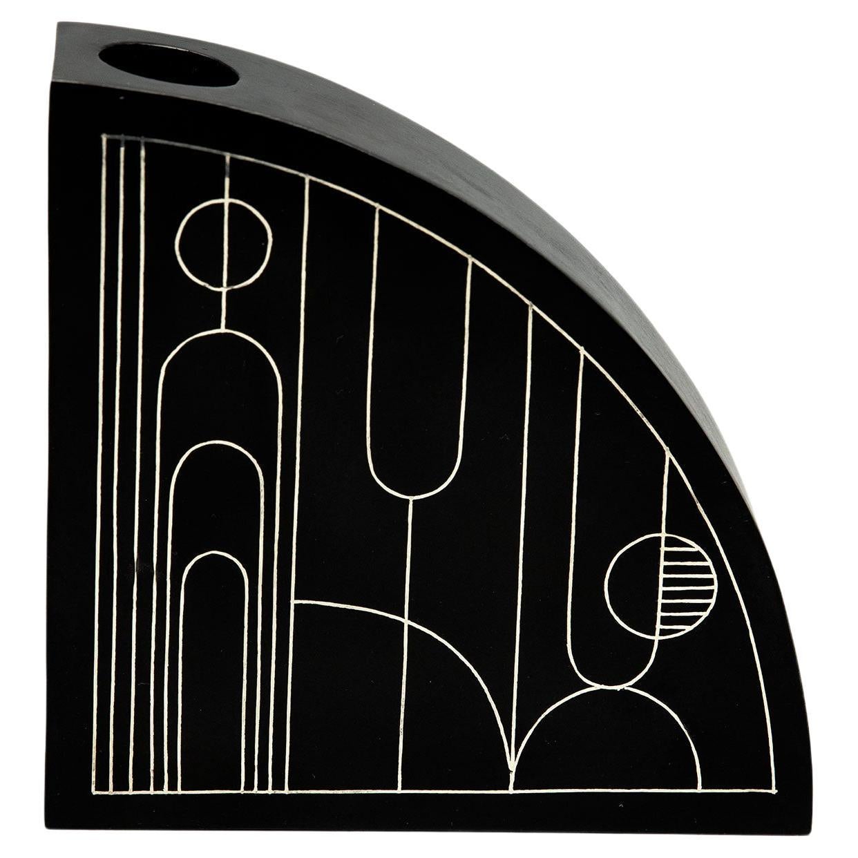 Art Deco Silver Inlaid Black Quarter Circle Candleholder For Sale