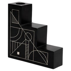 Art Deco Inspired Silver Inlaid Black Steps Candleholder 