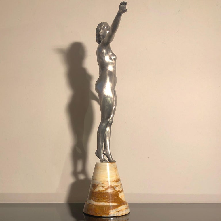 Art Deco Silver Lacquer Onyx Base Woman Sculpture, Signed Secondo at