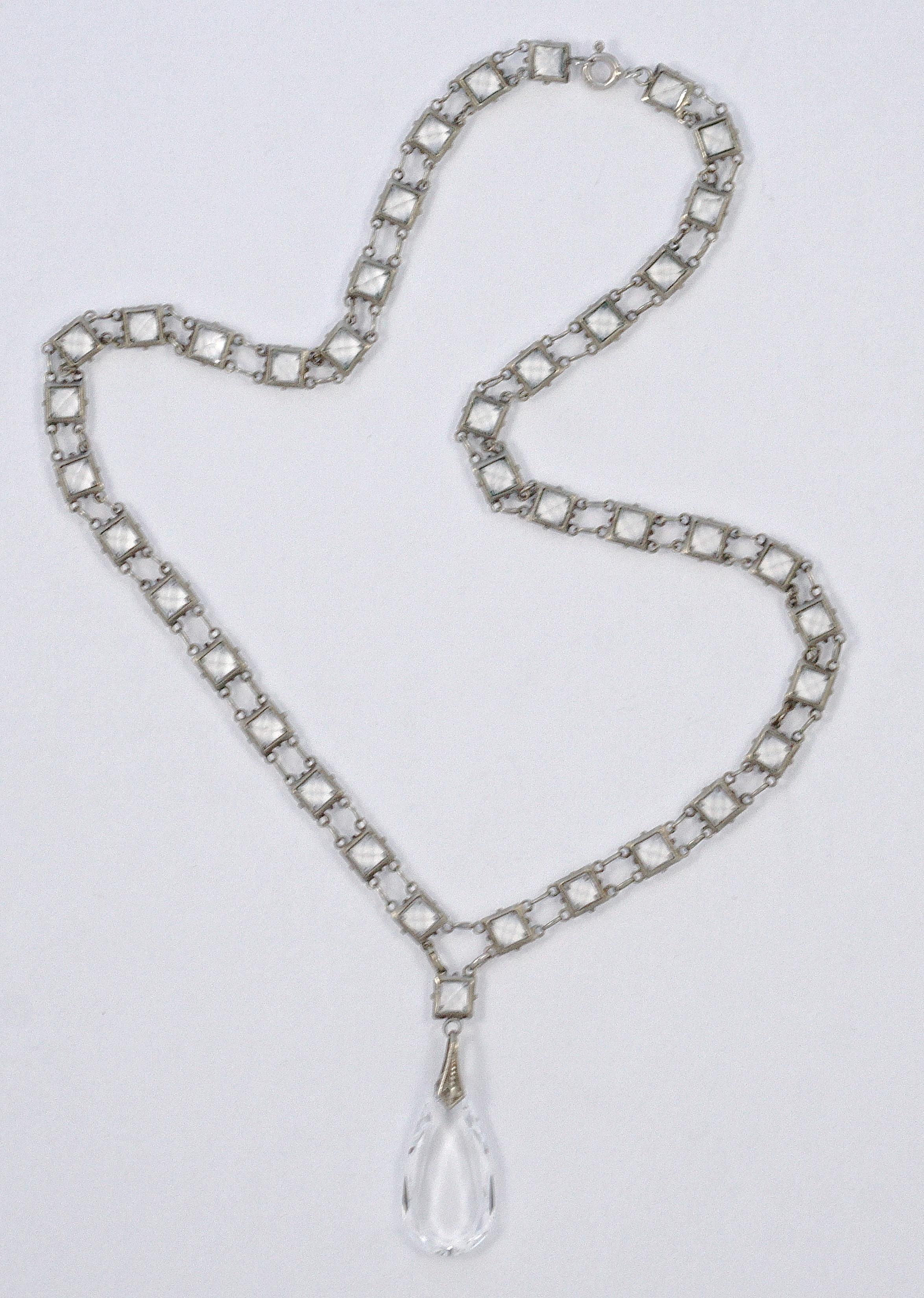 Art Deco  Silver Tone Link Chain Necklace Square Glass Crystals Teardrop Pendant For Sale 3