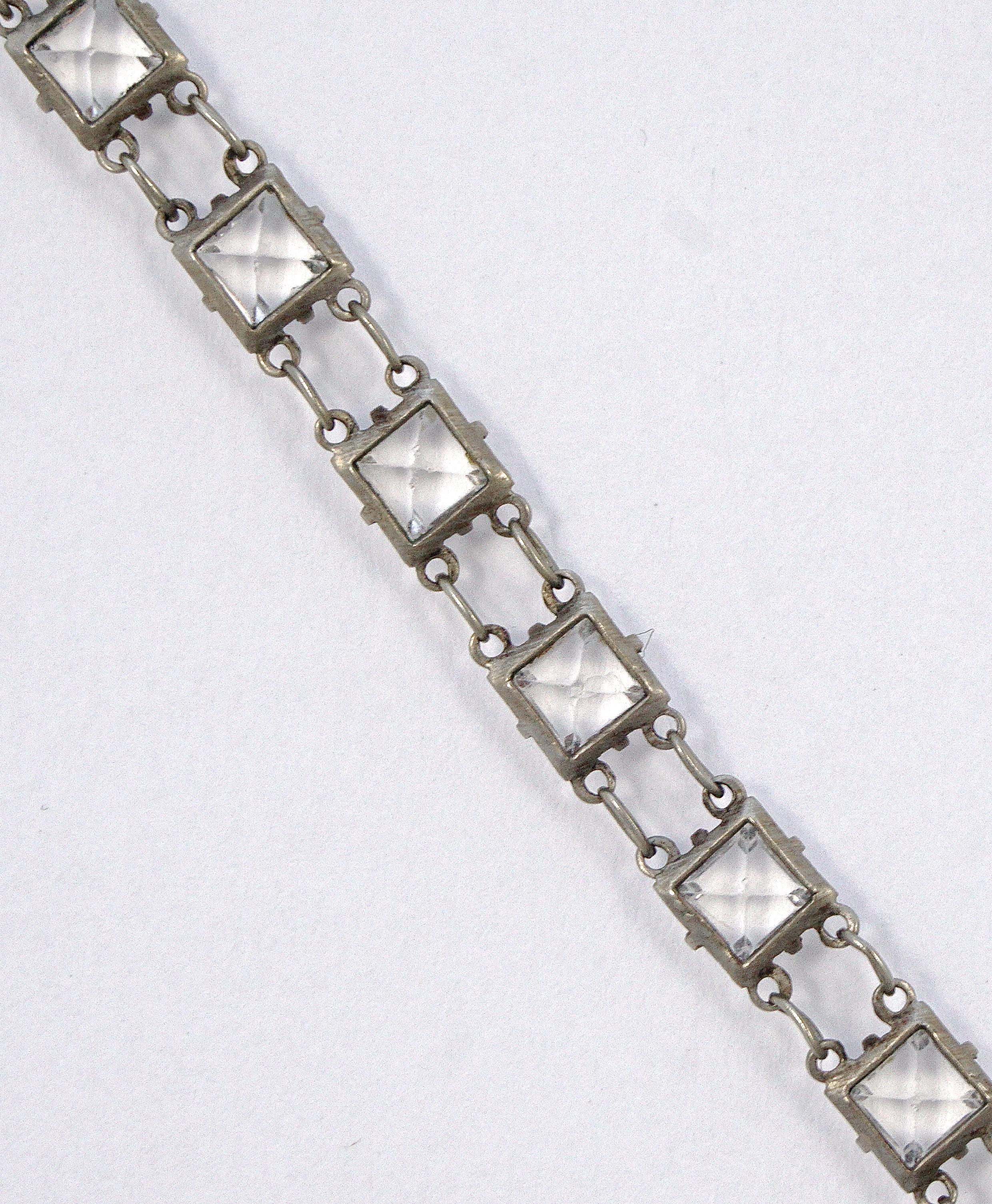 Art Deco  Silver Tone Link Chain Necklace Square Glass Crystals Teardrop Pendant For Sale 4