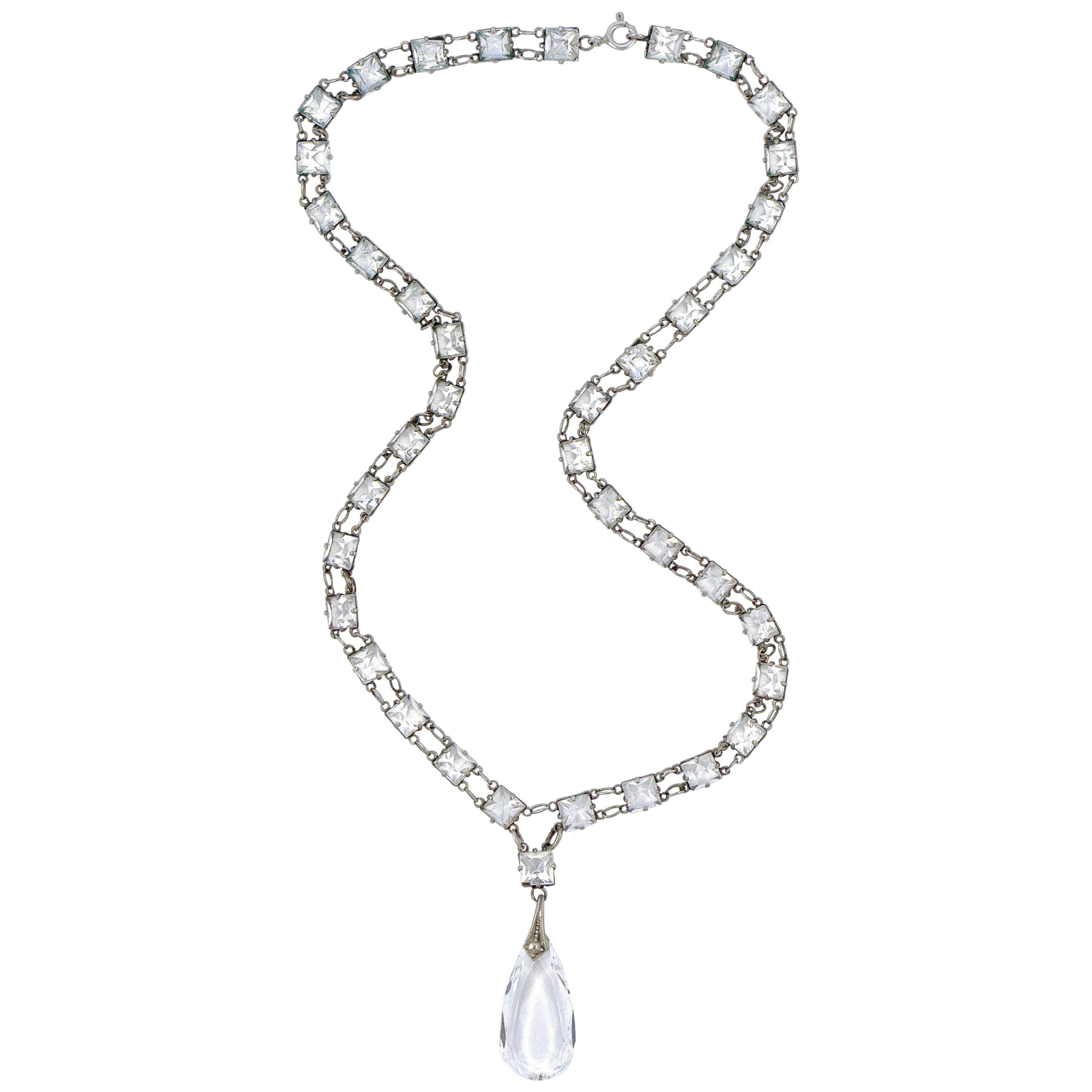 Art Deco  Silver Tone Link Chain Necklace Square Glass Crystals Teardrop Pendant For Sale