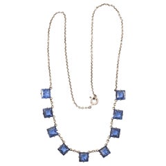 Art Deco Silver Link Chain Necklace with Square Blue Glass Crystals