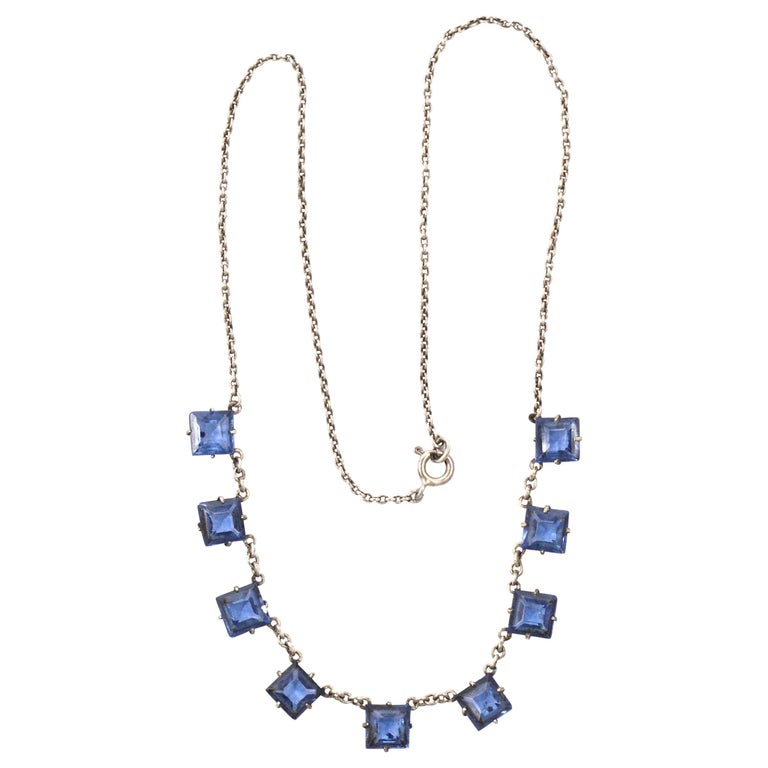 Art Deco Silver Link Chain Necklace with Square Blue Glass Crystals at ...