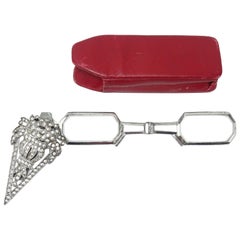 Antique Art Deco Silver Lorgnette Eyeglasses & Lapel Clip