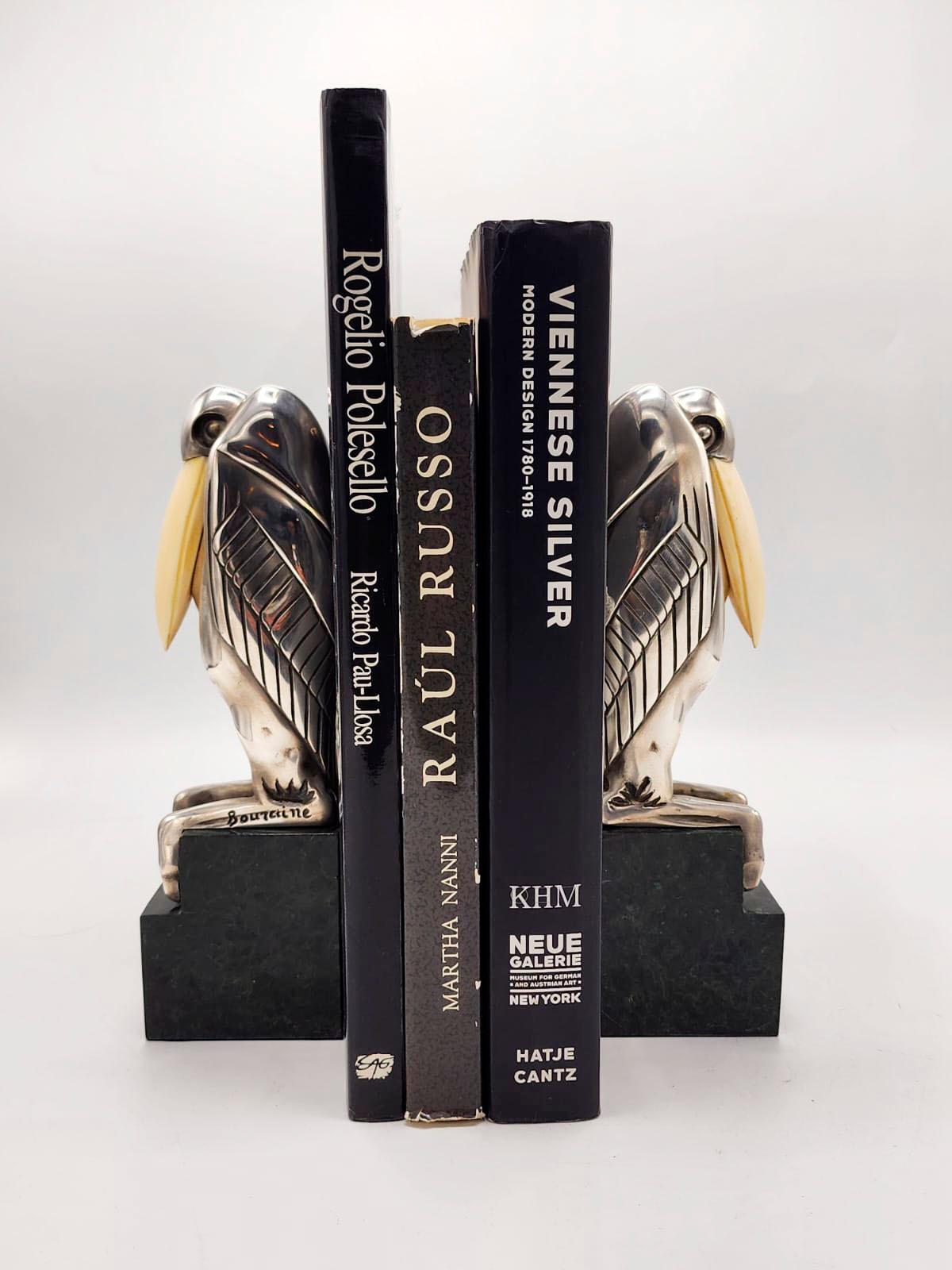 Hand-Crafted Art Deco Silver Metal Bookends with Malabu by Marcel-André Bouraine For Sale