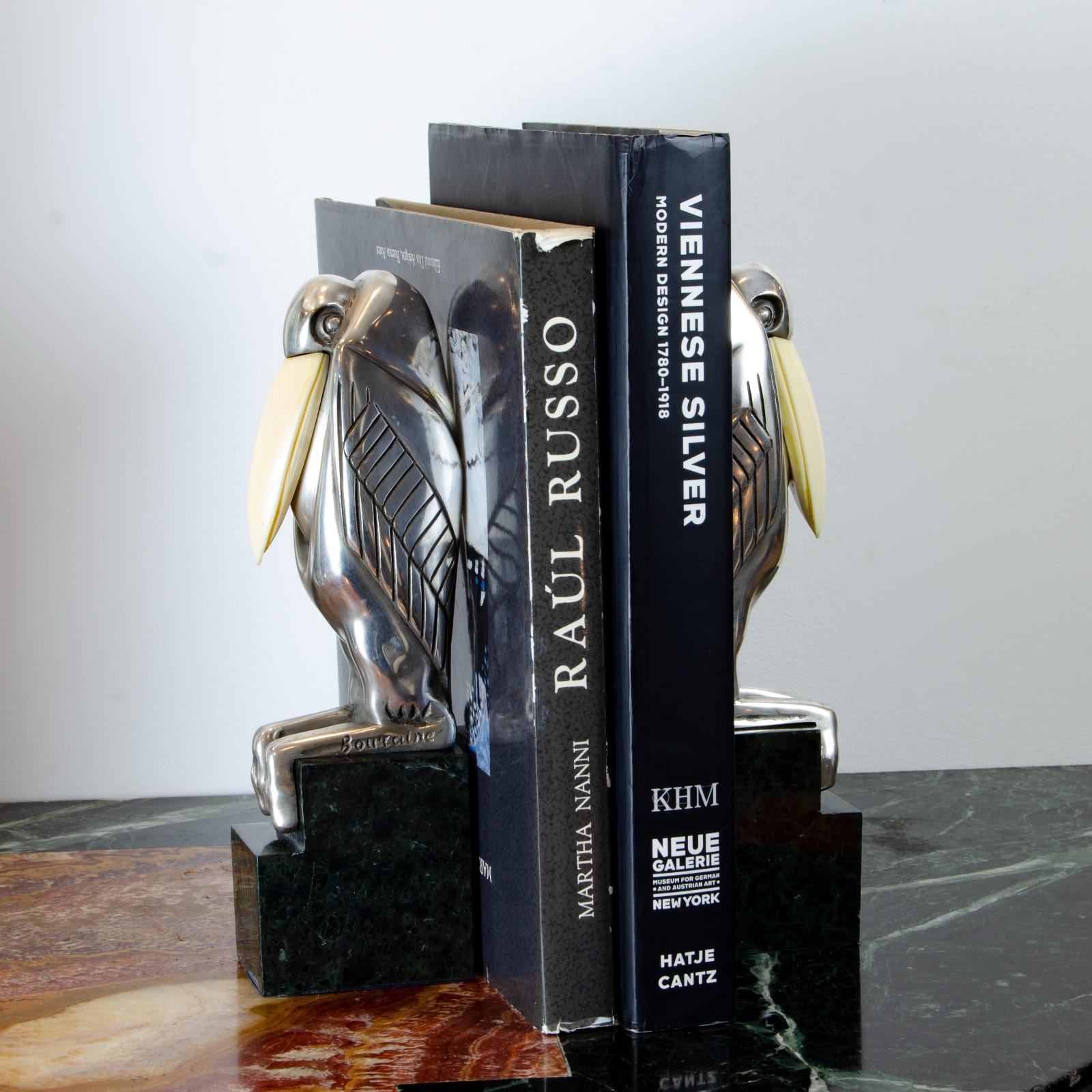 Bronze Art Deco Silver Metal Bookends with Malabu by Marcel-André Bouraine For Sale