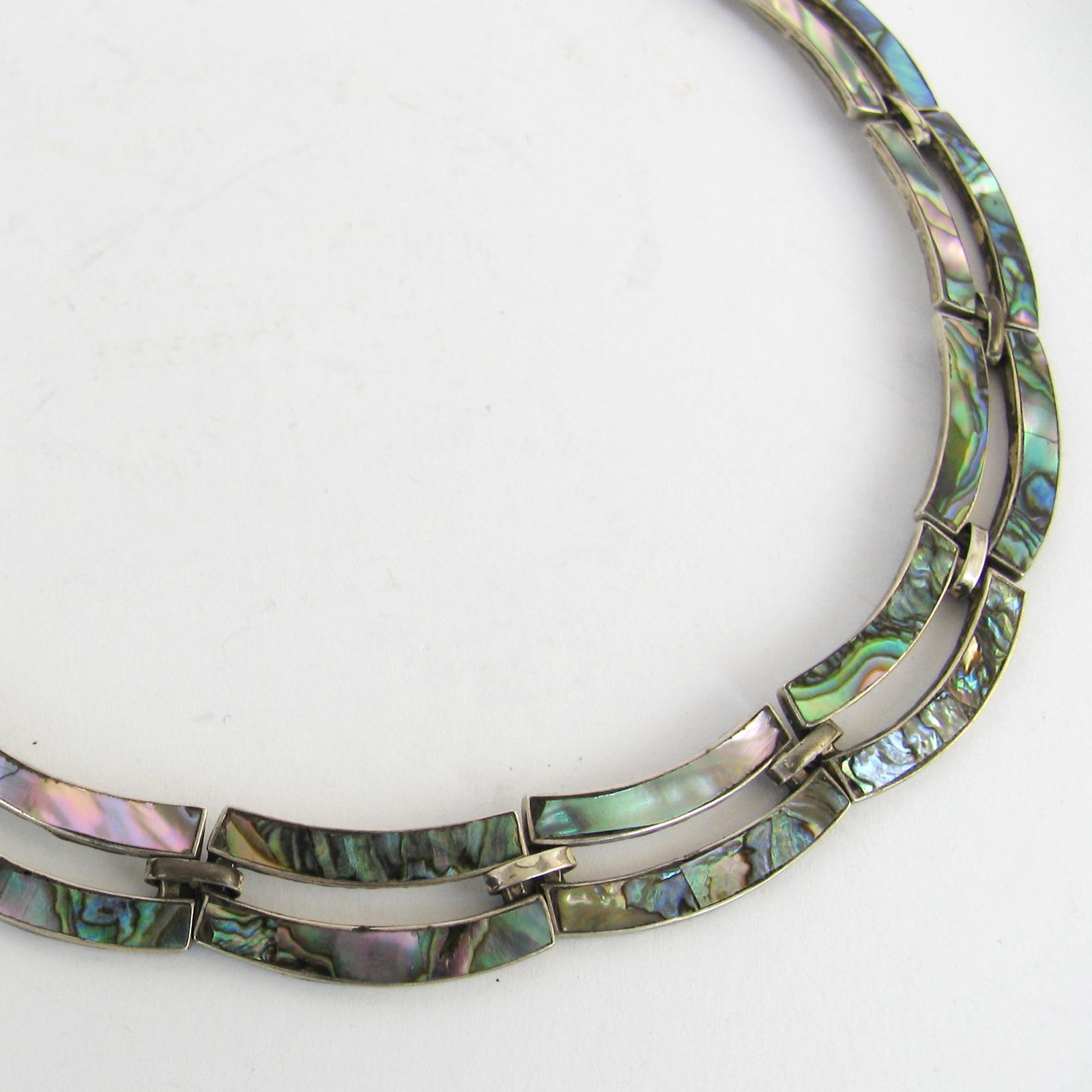 Mexican Art Deco Silver Necklace with Mother of Pearl Inlay by Taxco Mexico
