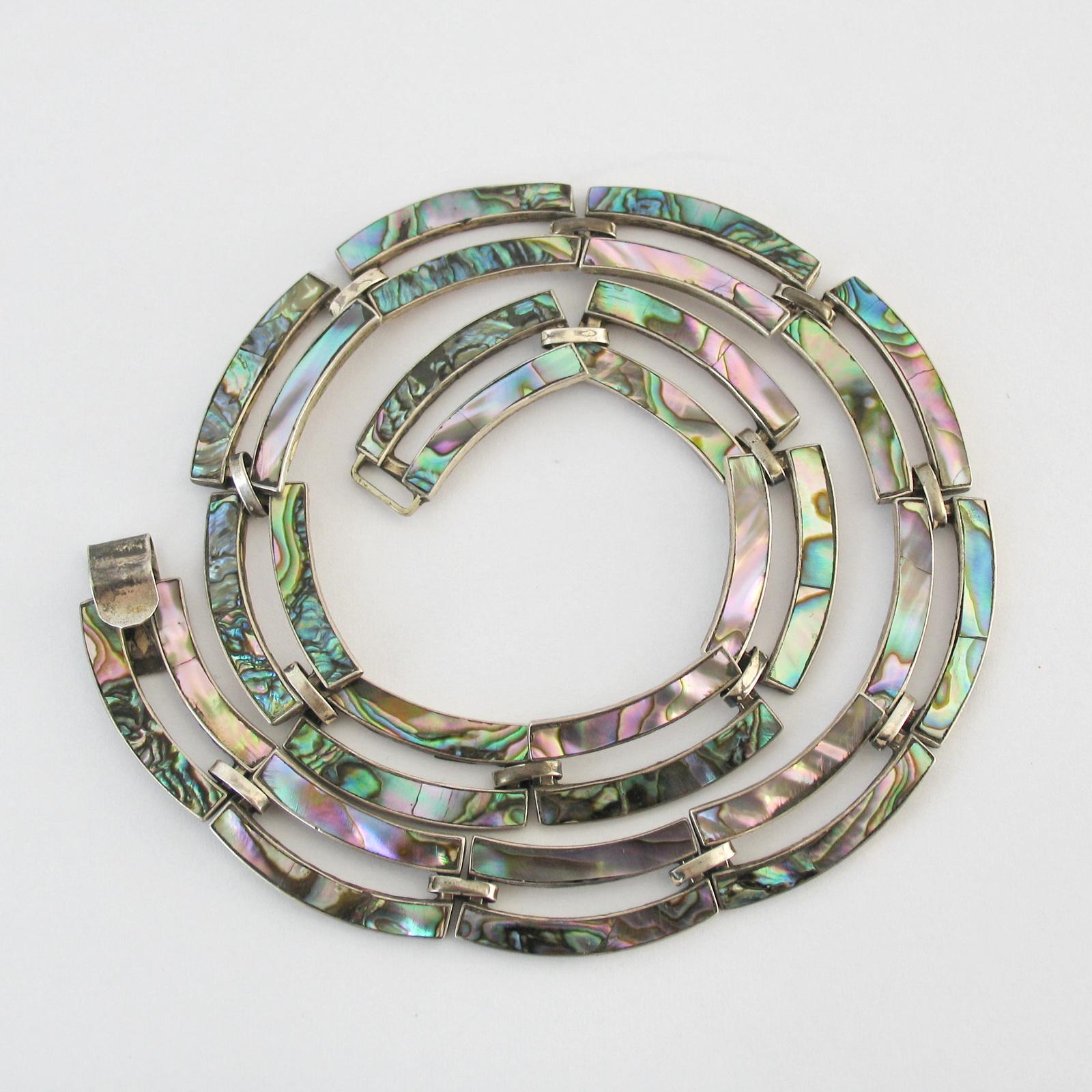 Art Deco Silver Necklace with Mother of Pearl Inlay by Taxco Mexico In Good Condition In Bochum, NRW