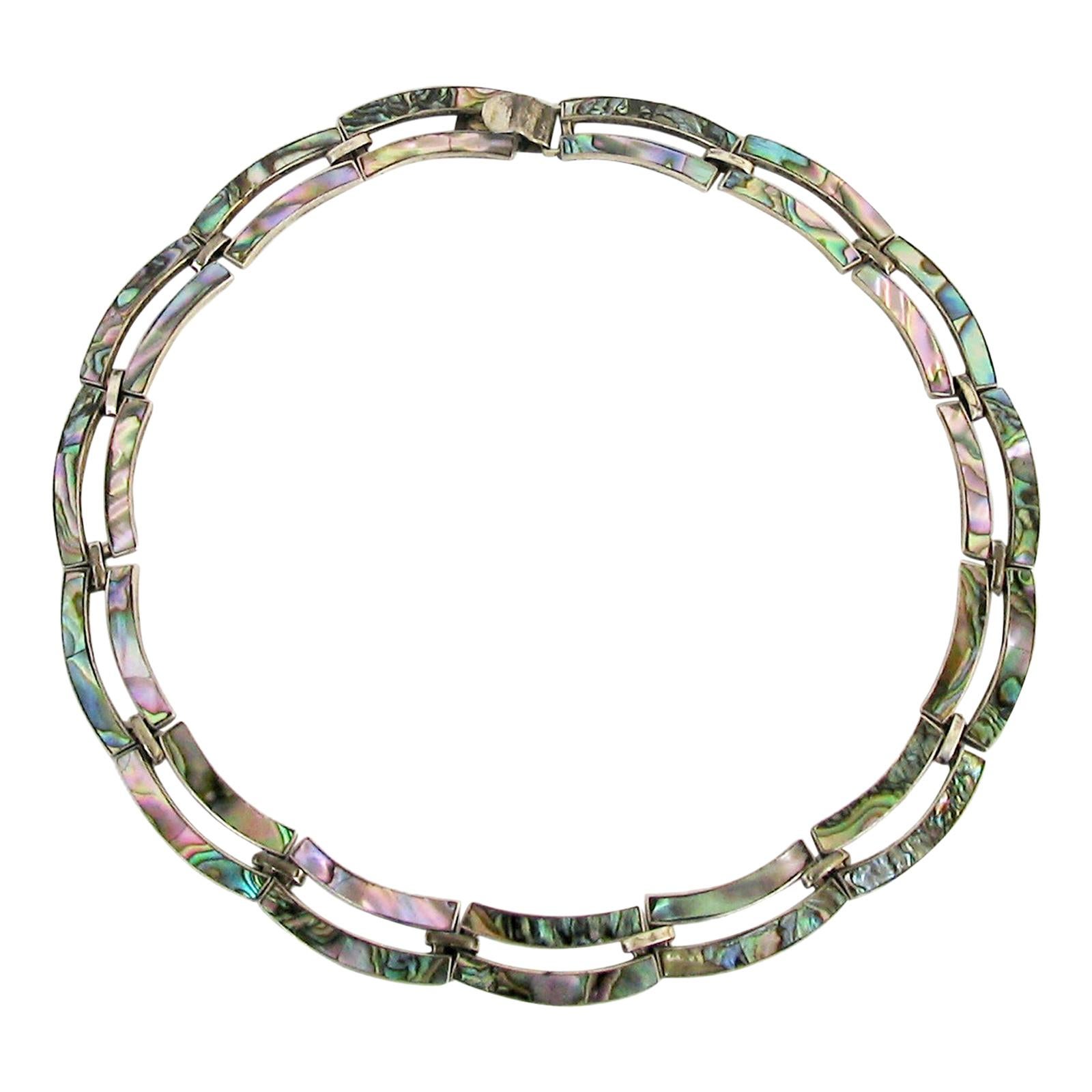 Art Deco Silver Necklace with Mother of Pearl Inlay by Taxco Mexico