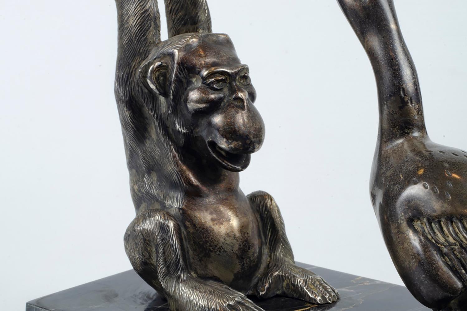 Art Deco Silver on Bronze Chimp Pulling Goose Statuette by G.H. Bourcart In Good Condition For Sale In Autonomous City Buenos Aires, CABA