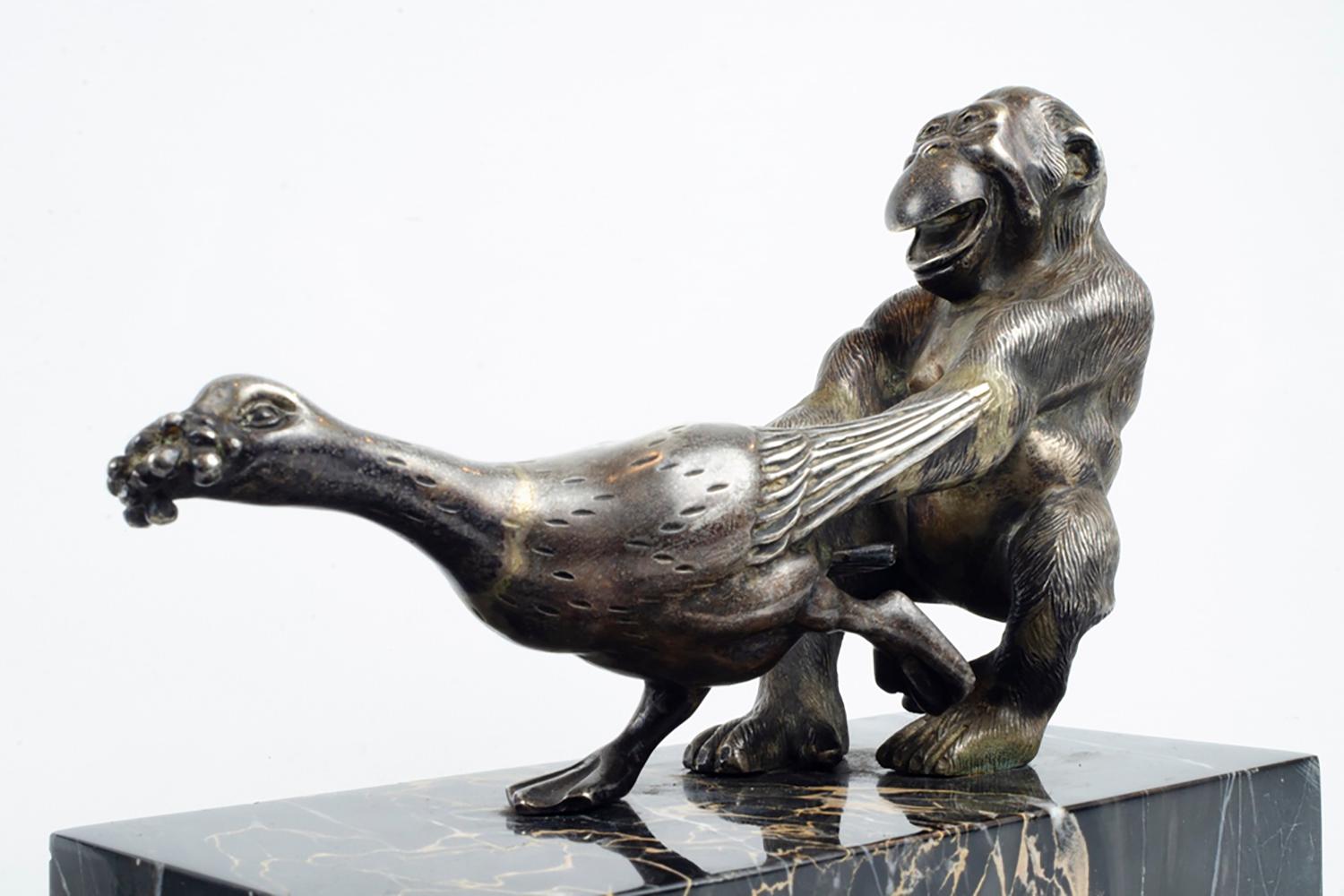 Art Deco Silver on Bronze Chimp Pulling Goose Statuette by G.H. Bourcart For Sale 2