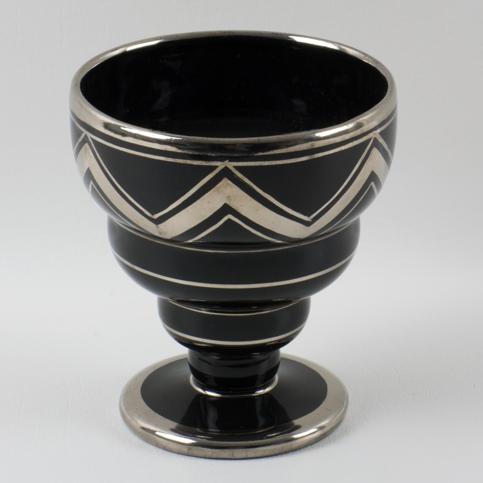 French Art Deco Silver Overlay and Black Ceramic Vase by Ceram France, 1930s For Sale