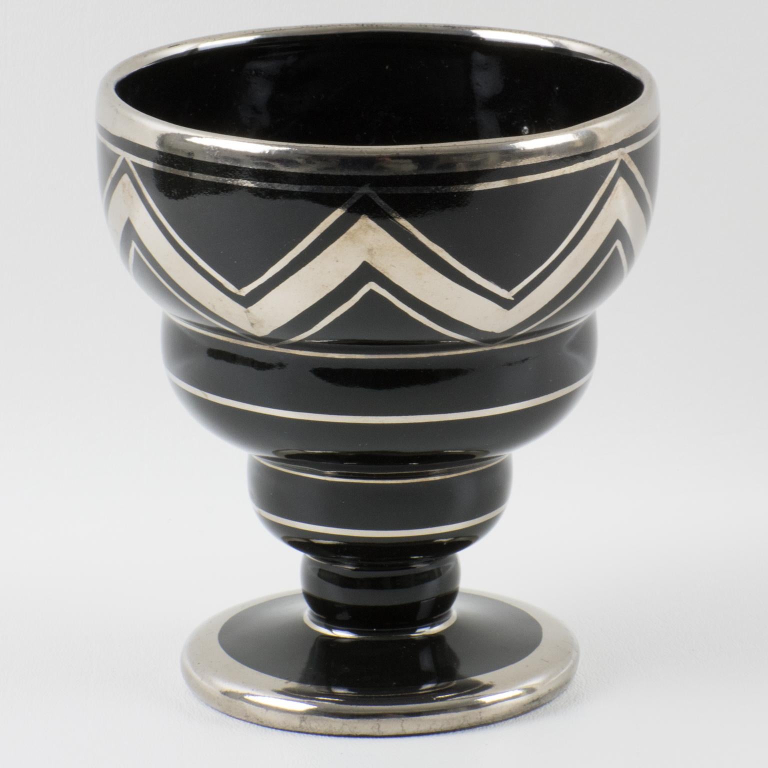 Art Deco Silver Overlay and Black Ceramic Vase by Ceram France, 1930s In Good Condition For Sale In Atlanta, GA