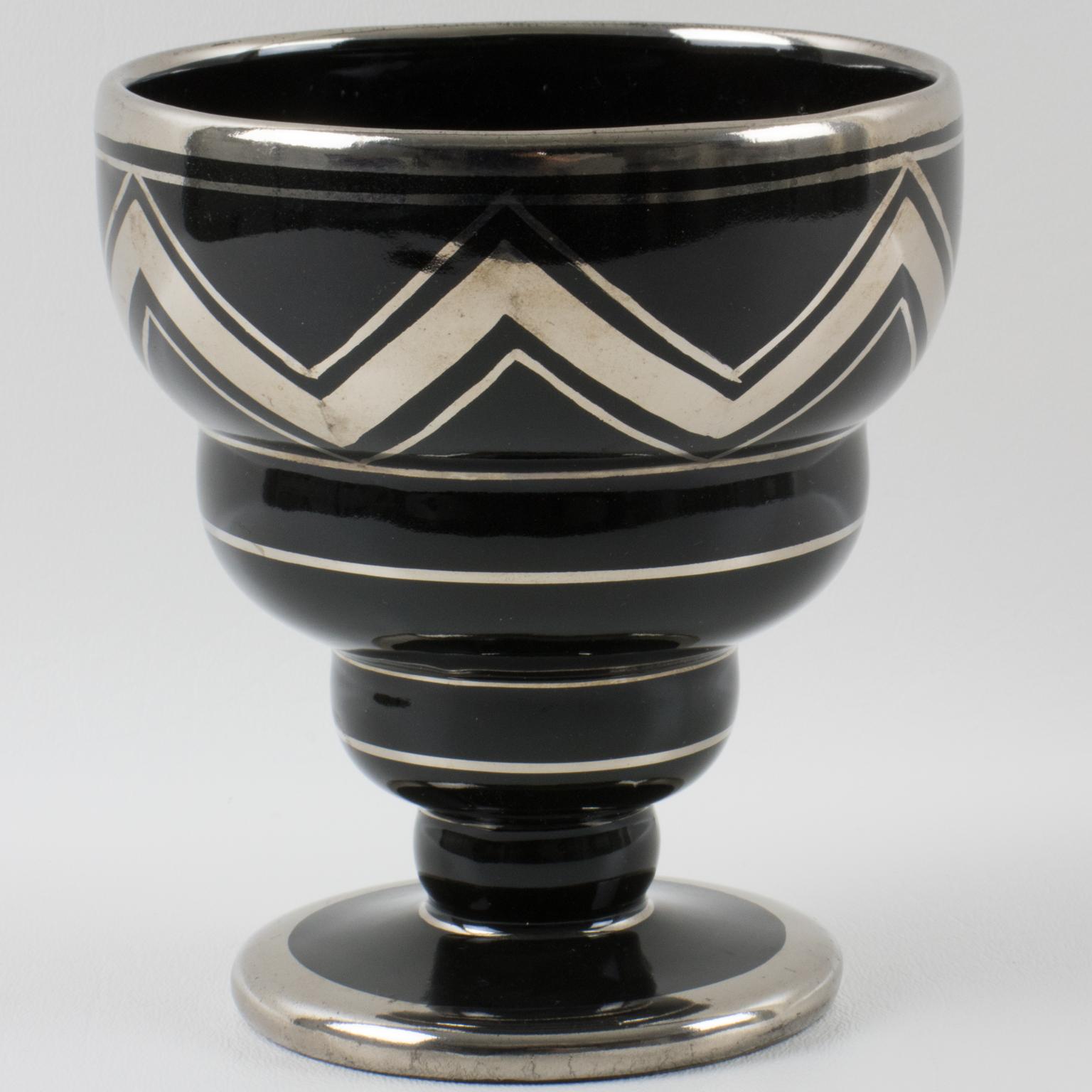 Mid-20th Century Art Deco Silver Overlay and Black Ceramic Vase by Ceram France, 1930s For Sale