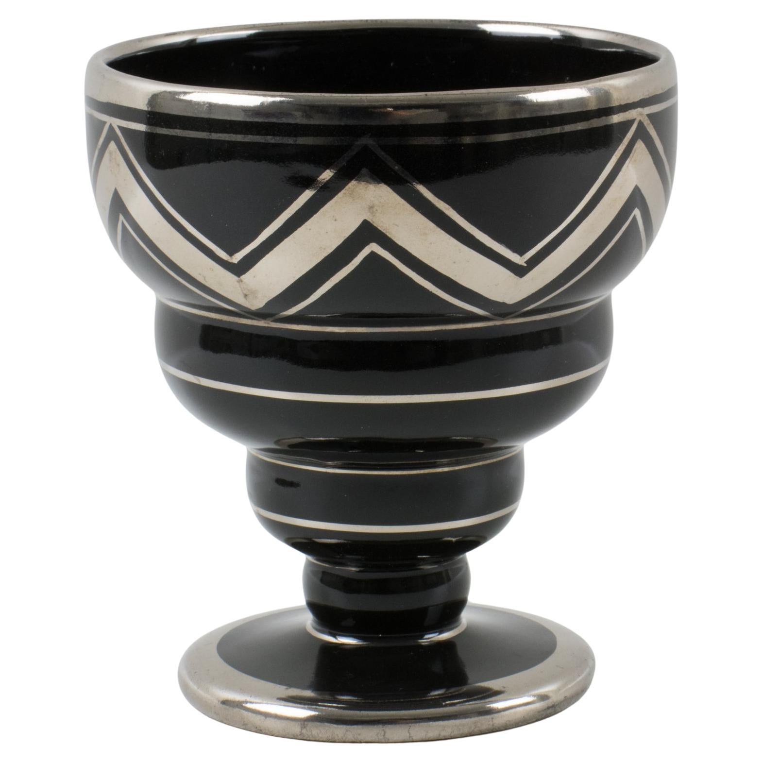 Art Deco Silver Overlay and Black Ceramic Vase by Ceram France, 1930s
