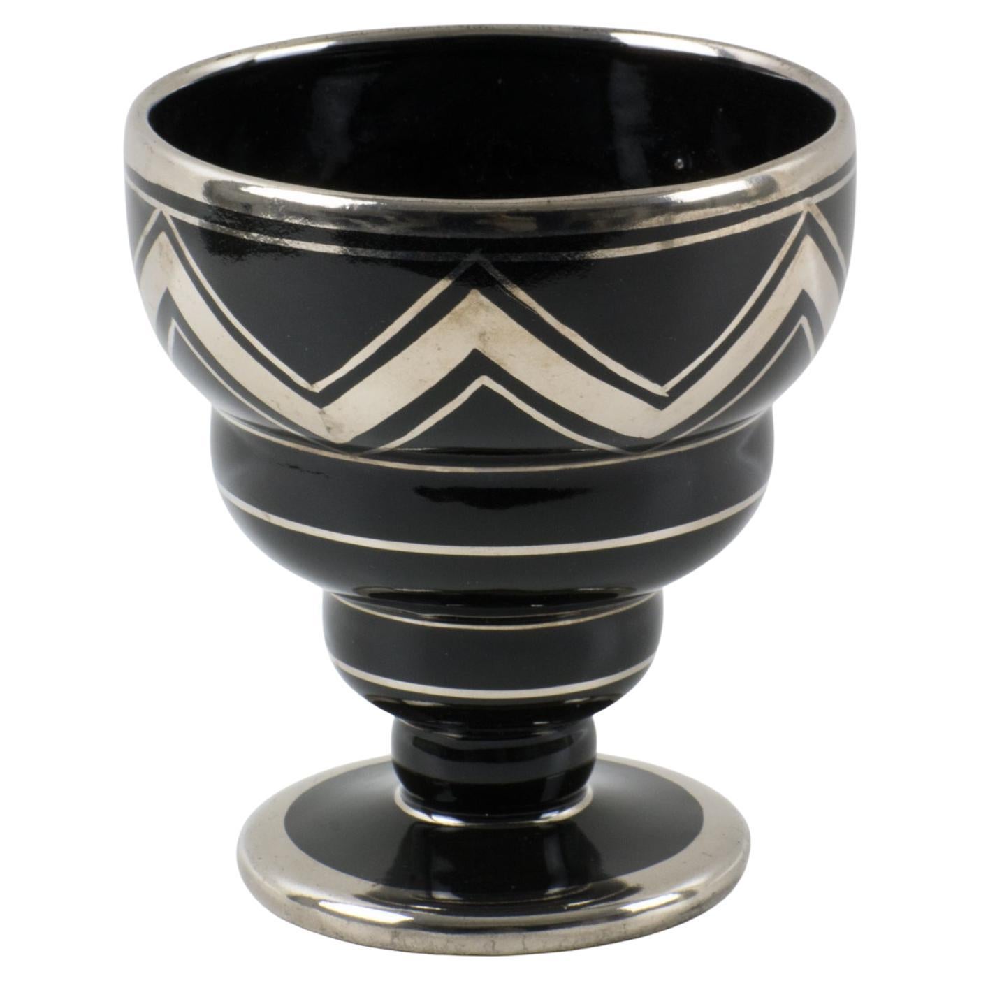 Vase Art Déco en céramique noire avec superposition d'argent par Ceram France, années 1930