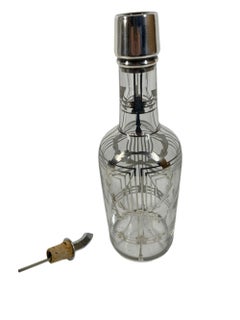 Art Deco Silver Overlay Back Bar Bottle w/Wreath and Geometric Line Pattern
