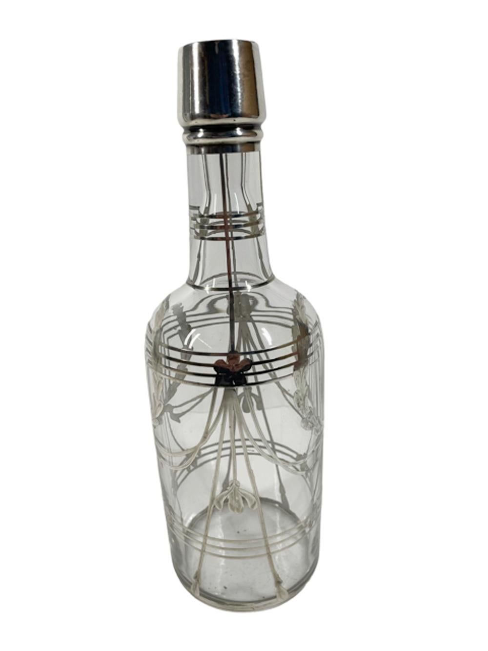 20th Century Art Deco Silver Overlay Back Bar Bottle w/Wreath and Geometric Line Pattern For Sale
