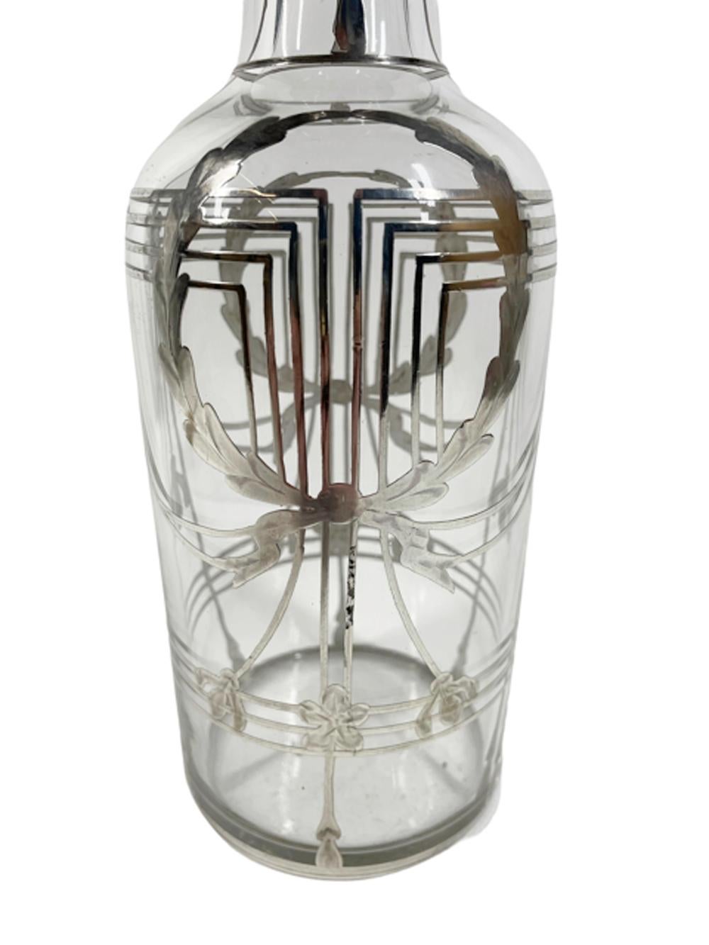 Art Deco Silver Overlay Back Bar Bottle w/Wreath and Geometric Line Pattern For Sale 1