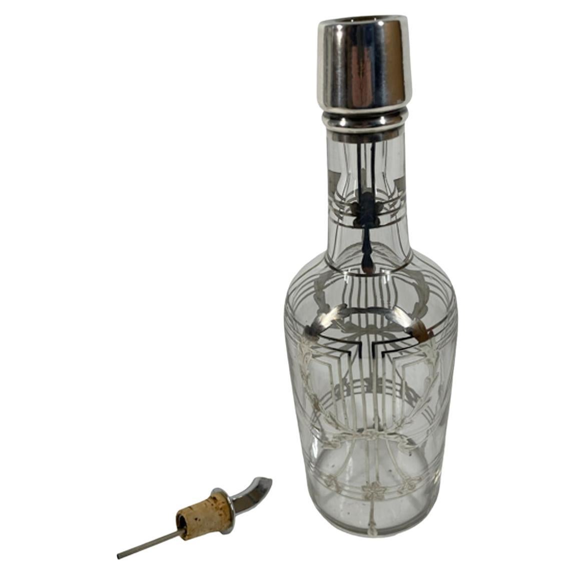 Art Deco Silver Overlay Back Bar Bottle w/Wreath and Geometric Line Pattern For Sale