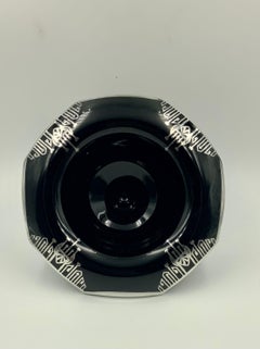 Art Deco Silver Overlay Black Amethyst Glass Octagon Bowl Compote