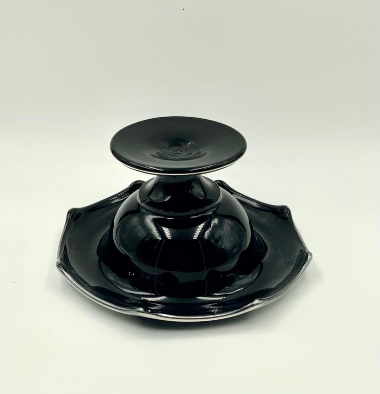 Art Deco Silver Overlay Black Amethyst Glass Octagon Bowl Compote For