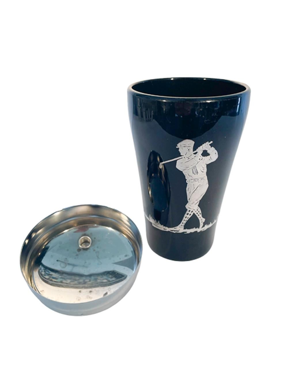 American Art Deco Silver Overlay Black Glass with a Golfer and a Chrome Lid For Sale