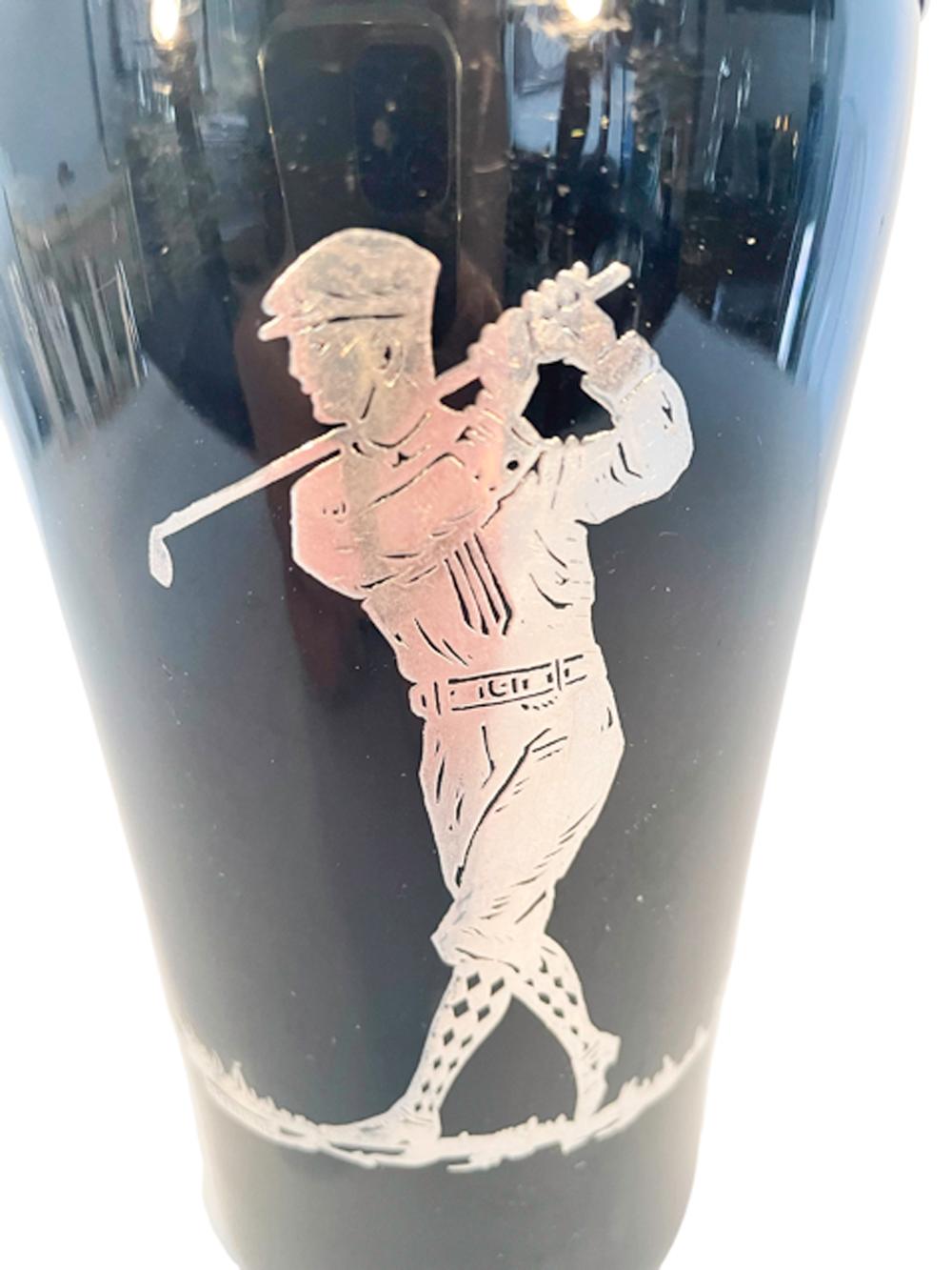 20th Century Art Deco Silver Overlay Black Glass with a Golfer and a Chrome Lid For Sale