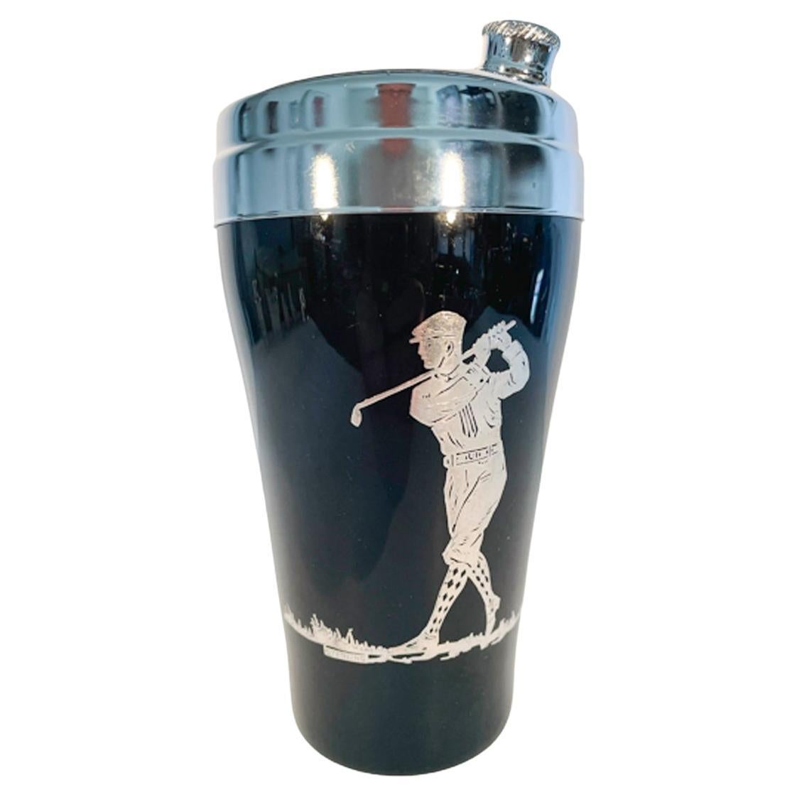 Verre noir Art Déco recouvert d'argent avec un golfeur et un couvercle chromé