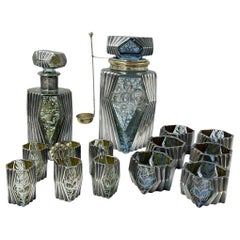 Antique Art Deco Silver Overlay Blue & Green Glass Bar Set