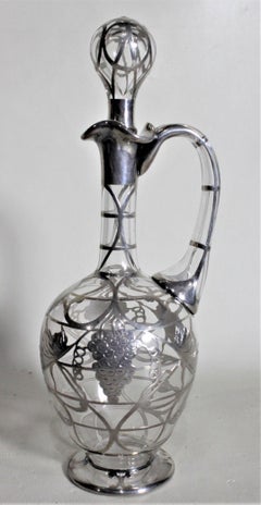 Art Deco Silver Overlay Clear Glass Port or Sherry Decanter with Grapes & Leaves