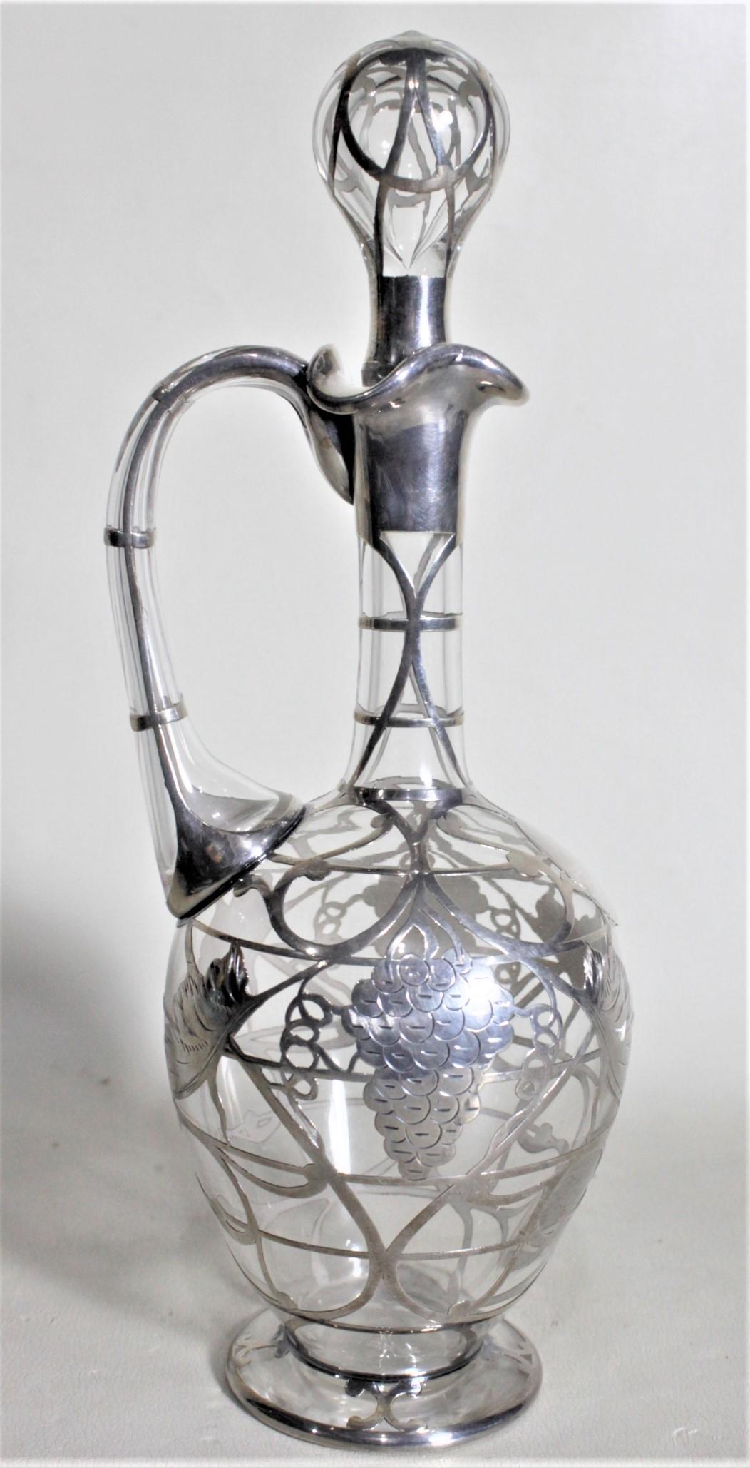 Italian Art Deco Silver Overlay Clear Glass Port or Sherry Decanter with Grapes & Leaves For Sale