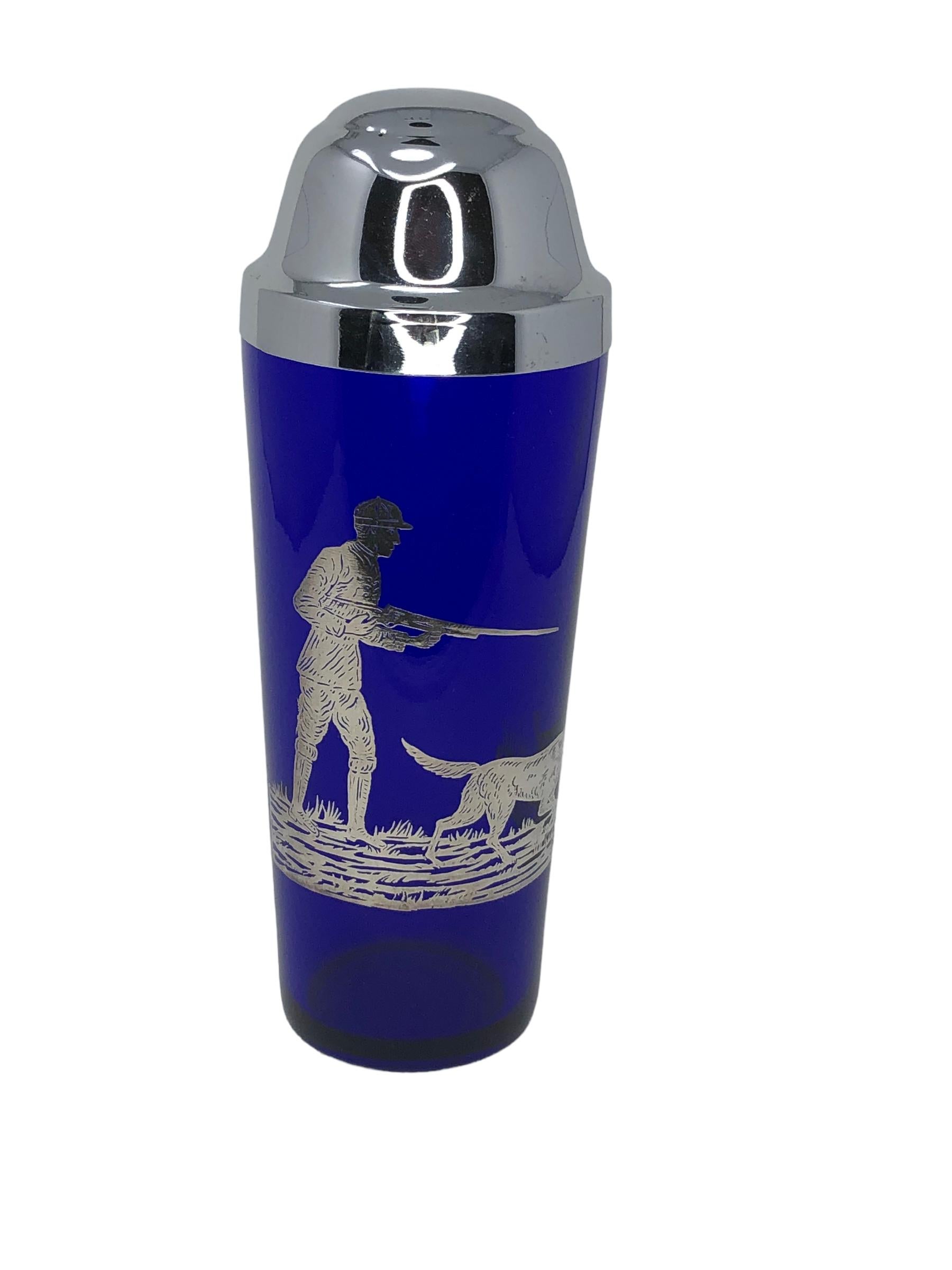 American Art Deco Silver Overlay Cobalt Blue Hunter Cocktail Shaker  For Sale