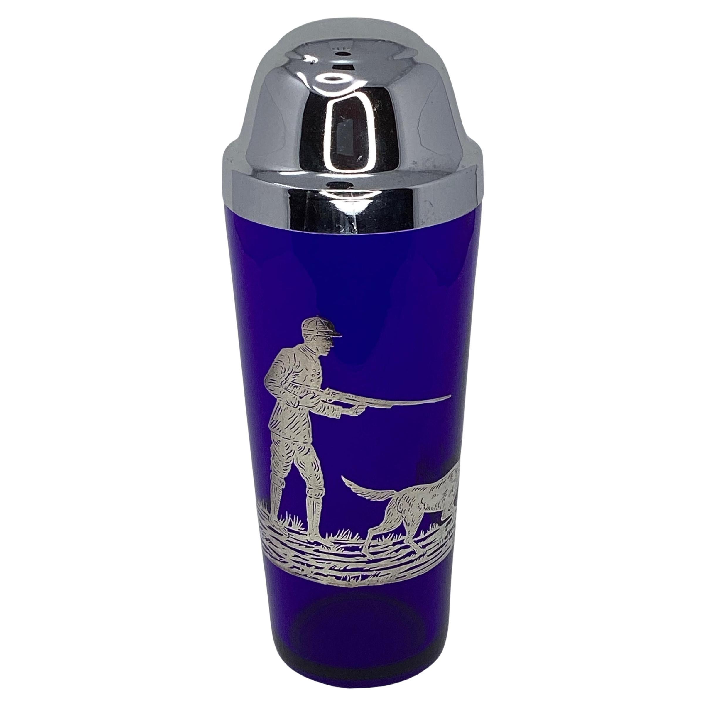 Art Deco Silver Overlay Cobalt Blue Hunter Cocktail Shaker 