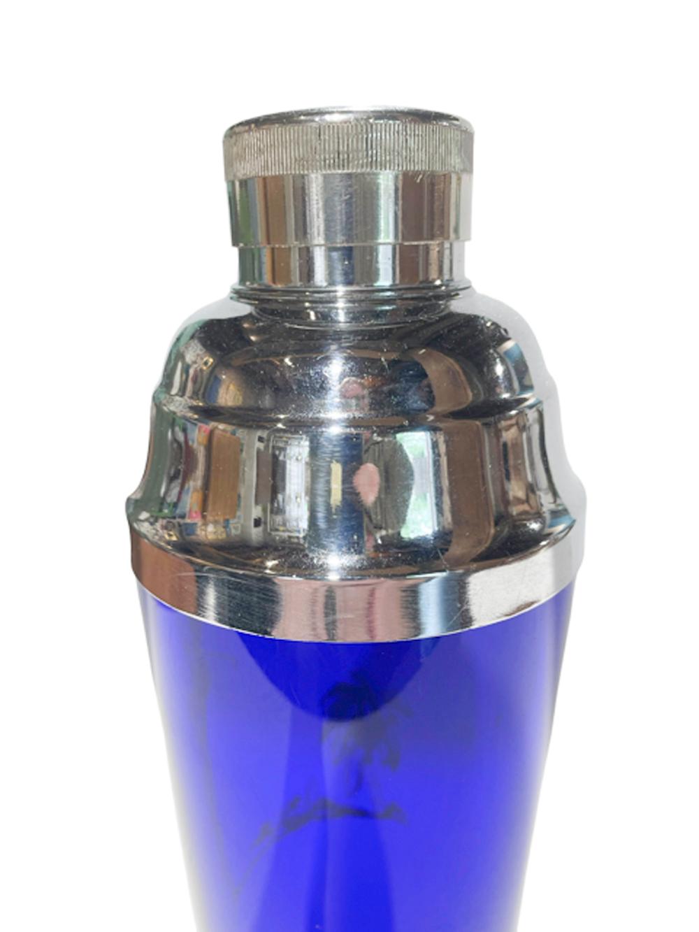 Art Deco Silver Overlay Cobalt Cocktail Shaker with Golfer and Palm Tree 5