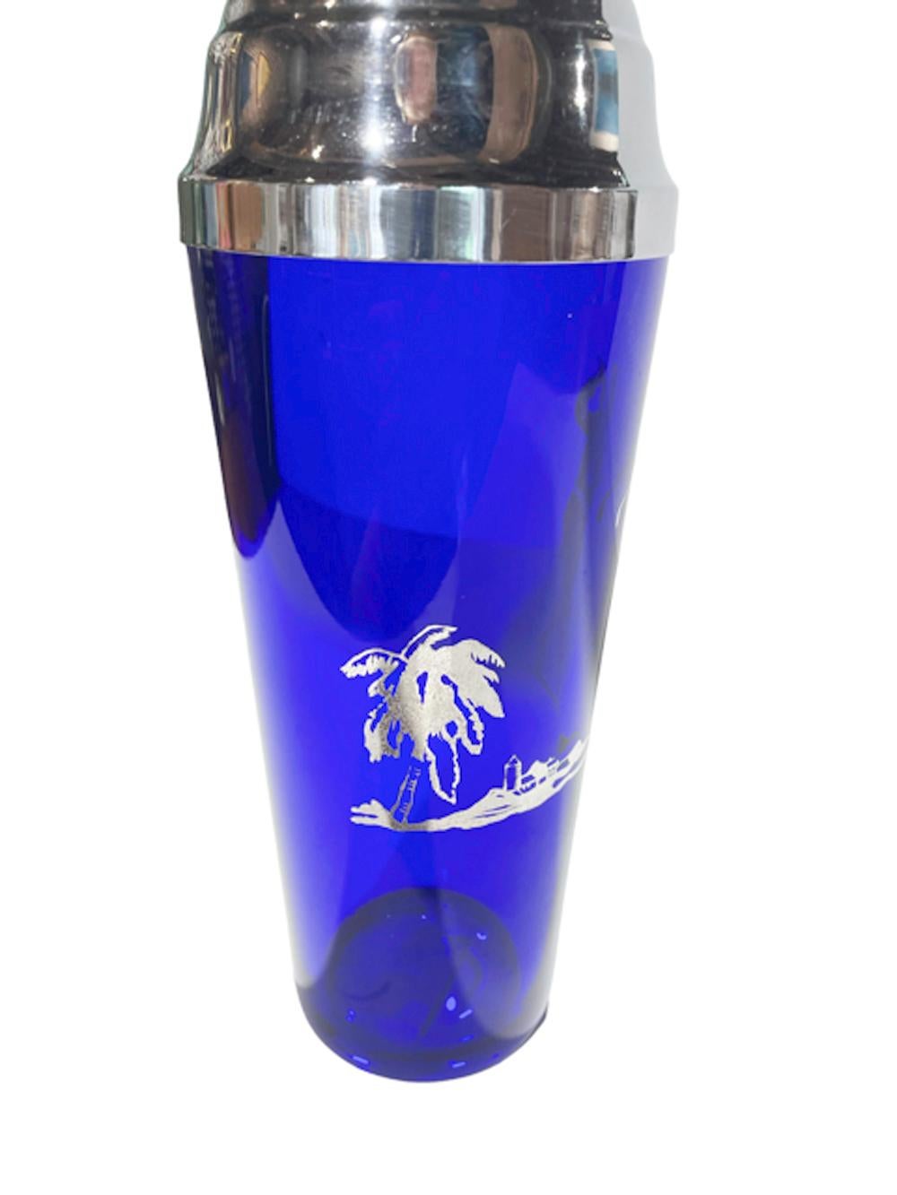 Art Deco Silver Overlay Cobalt Cocktail Shaker with Golfer and Palm Tree 7