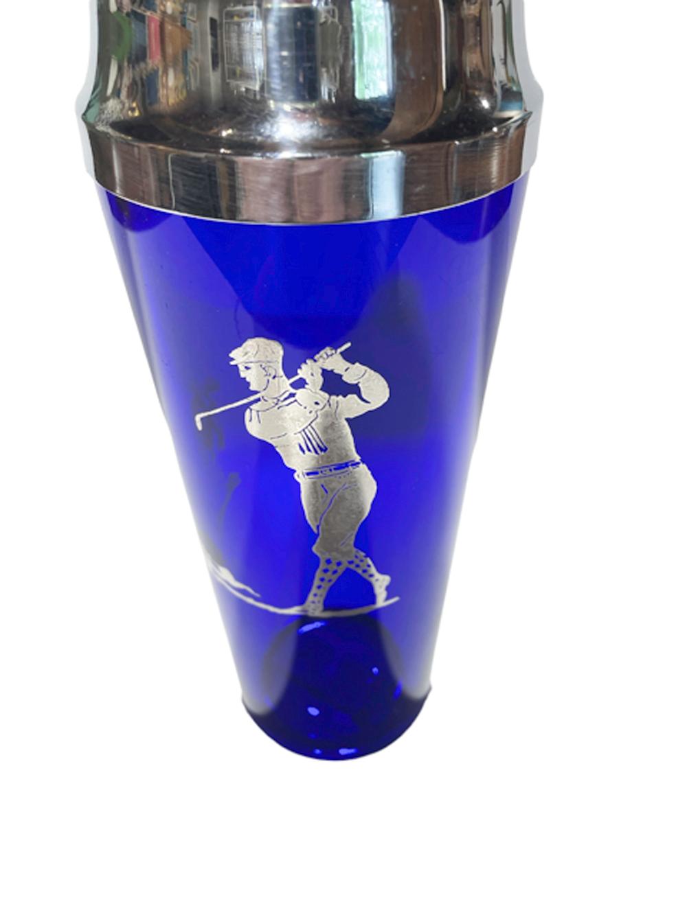 Art Deco Silver Overlay Cobalt Cocktail Shaker with Golfer and Palm Tree 8