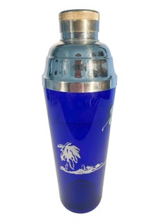 Art Deco Silver Overlay Cobalt Cocktail Shaker with Golfer and Palm Tree
