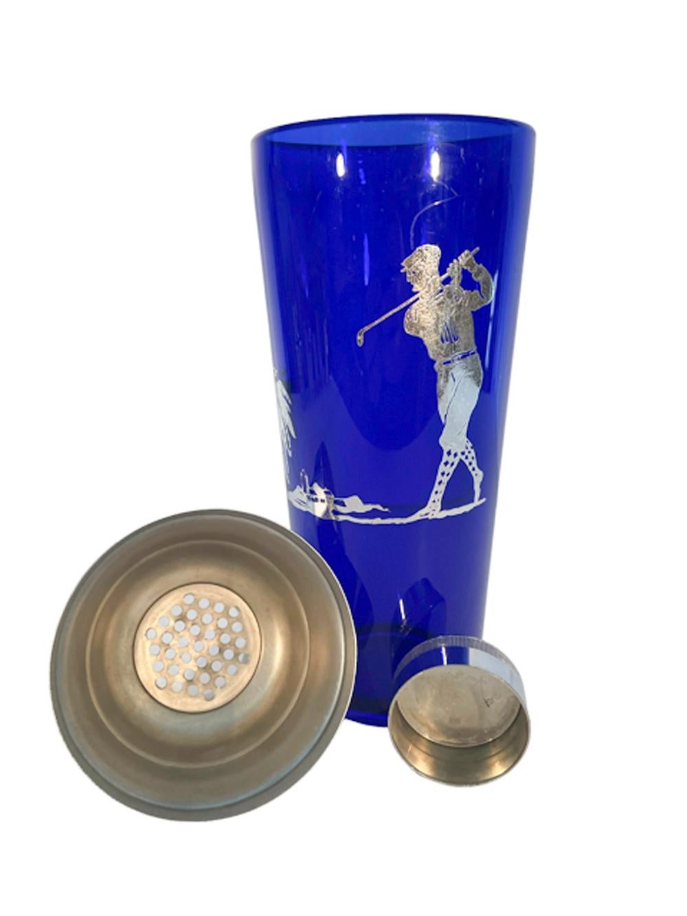 American Art Deco Silver Overlay Cobalt Cocktail Shaker with Golfer and Palm Tree