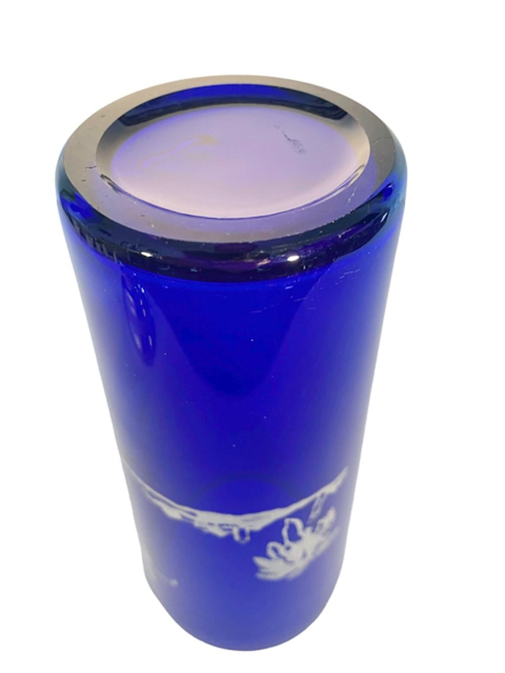 20th Century Art Deco Silver Overlay Cobalt Cocktail Shaker with Golfer and Palm Tree