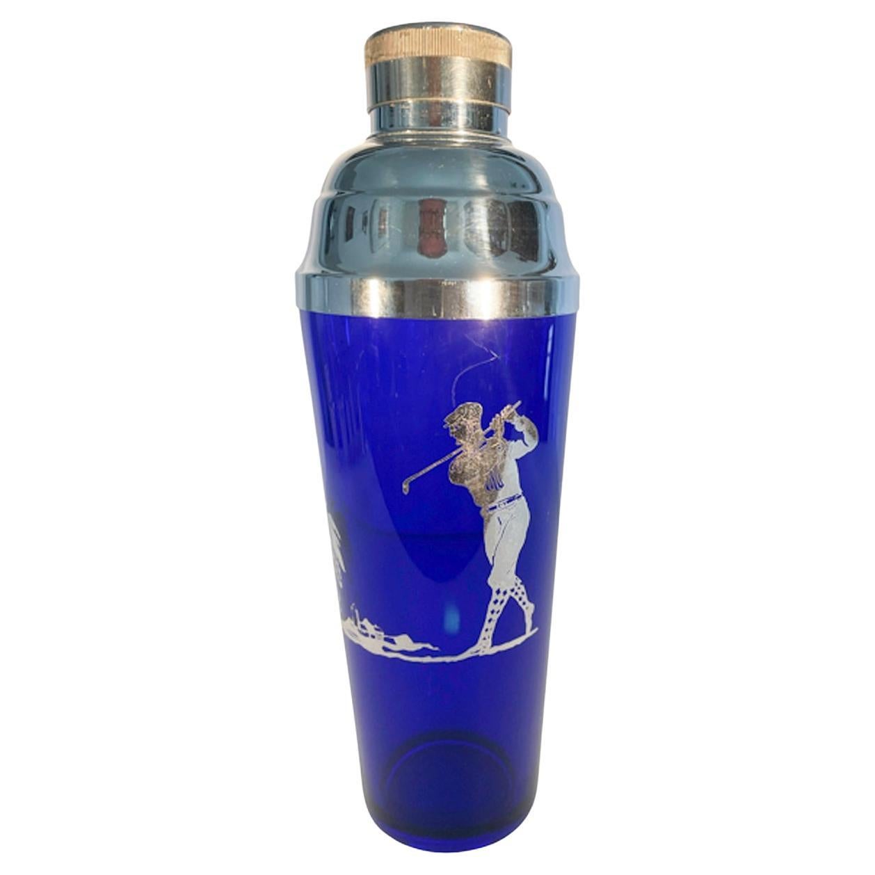 Art Deco Silver Overlay Cobalt Cocktail Shaker with Golfer and Palm Tree