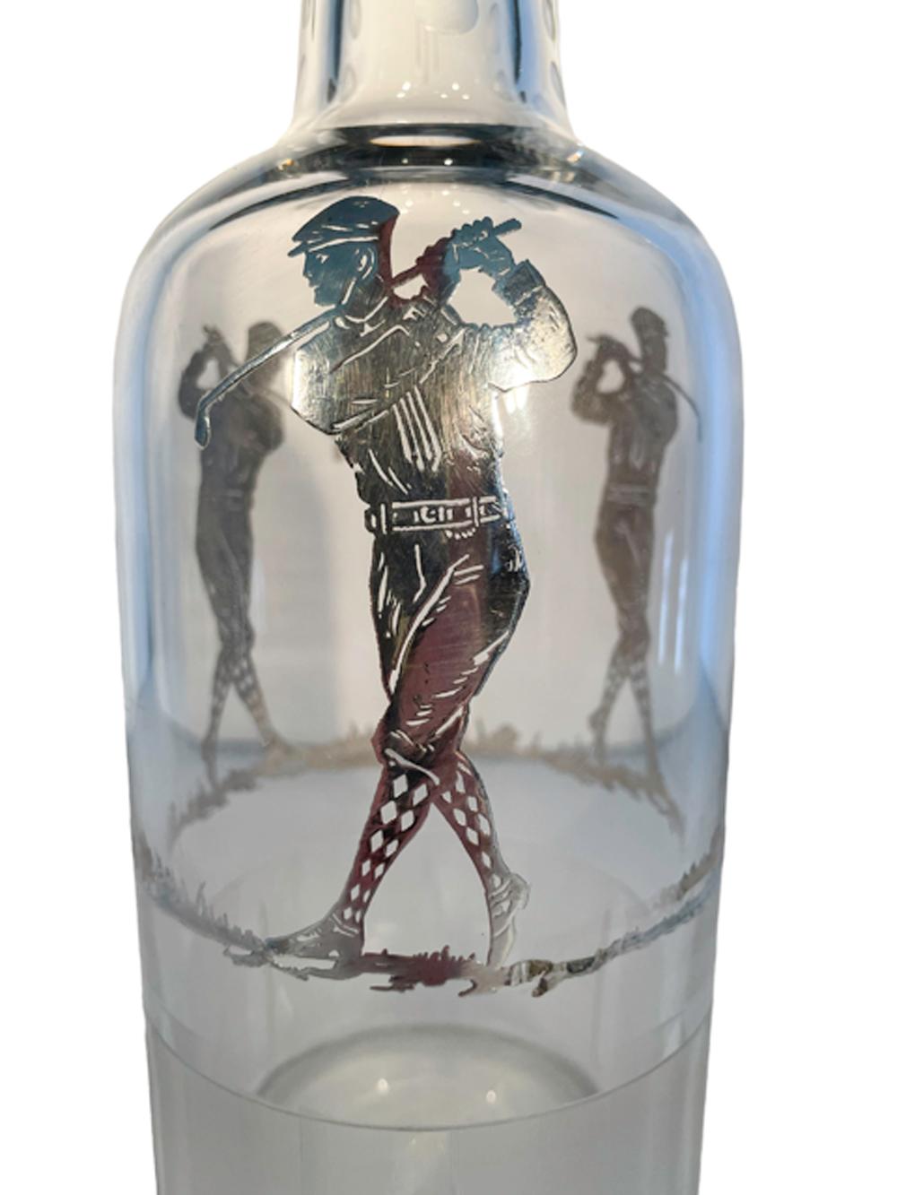 Art Deco silver overlay, cut glass back bar bottle or decanter having a silver overlay collar and three golfers repeated around the body. The neck of the bottle cut with dots between the collar and shoulder with three vertical lines between each