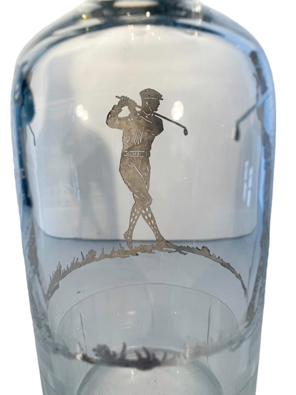 Art déco Bouteille de bar ou carafe Art Déco en verre taillé avec incrustation d'argent sur le thème du golf en vente
