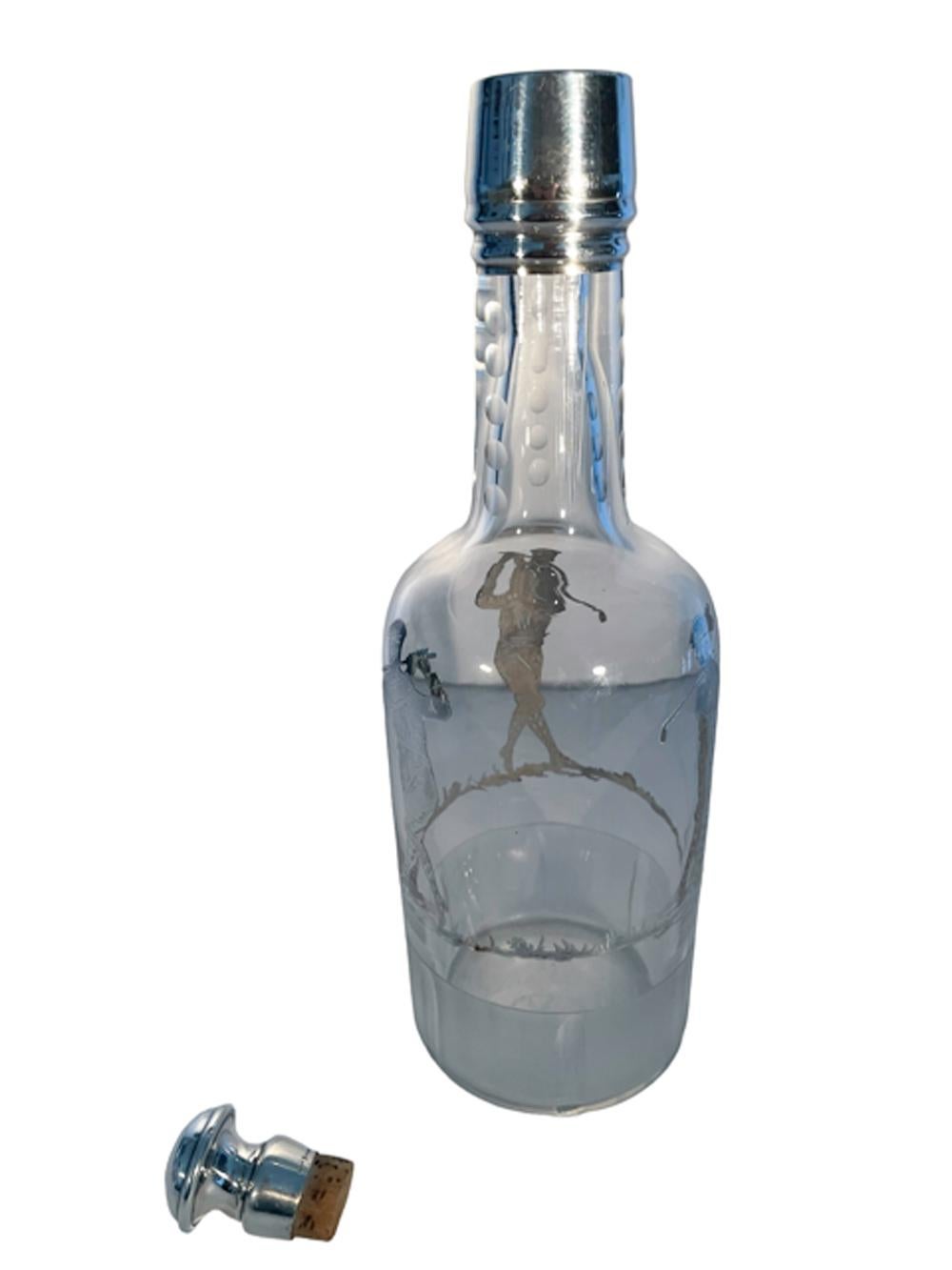 Art Deco Silber Overlay geschliffenem Glas Golf Themed zurück Bar Flasche oder Dekanter (amerikanisch) im Angebot