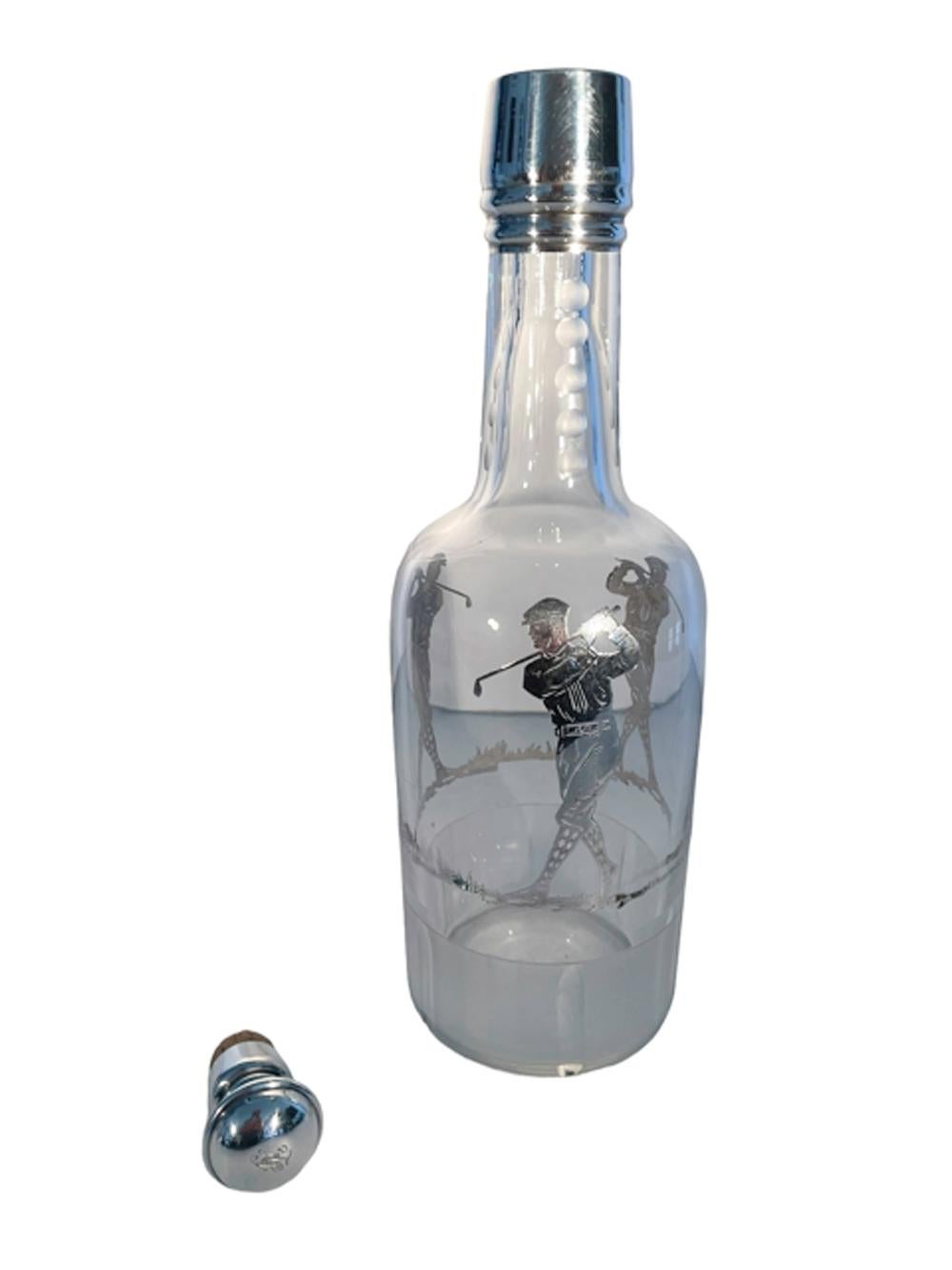American Art Deco Silver Overlay Cut Glass Golf Themed Back Bar Bottle or Decanter For Sale