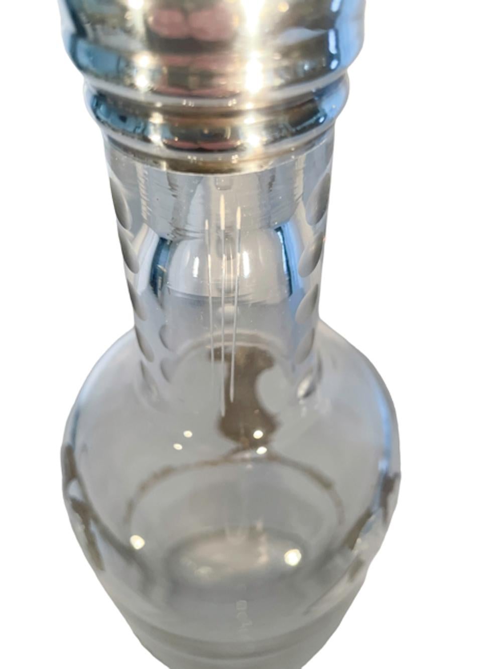 Cork Art Deco Silver Overlay Cut Glass Golf Themed Back Bar Bottle or Decanter For Sale