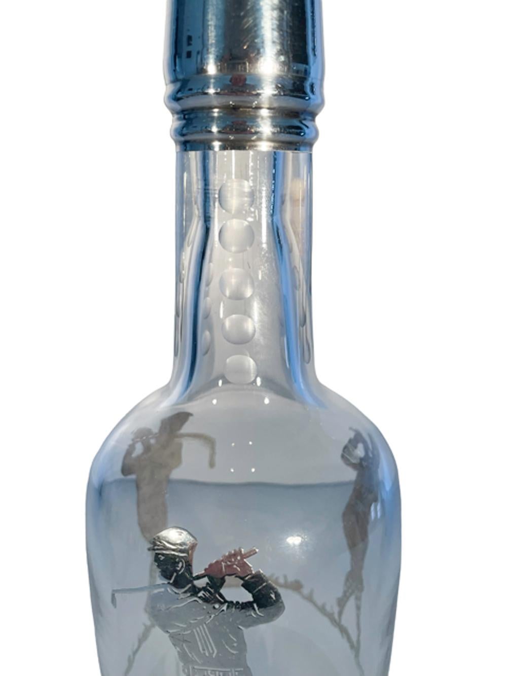 Art Deco Silver Overlay Cut Glass Golf Themed Back Bar Bottle or Decanter For Sale 1