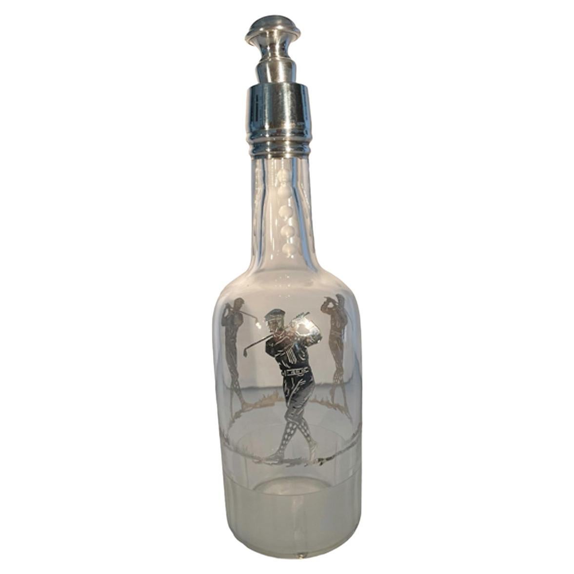 Art Deco Silver Overlay Cut Glass Golf Themed Back Bar Bottle or Decanter For Sale